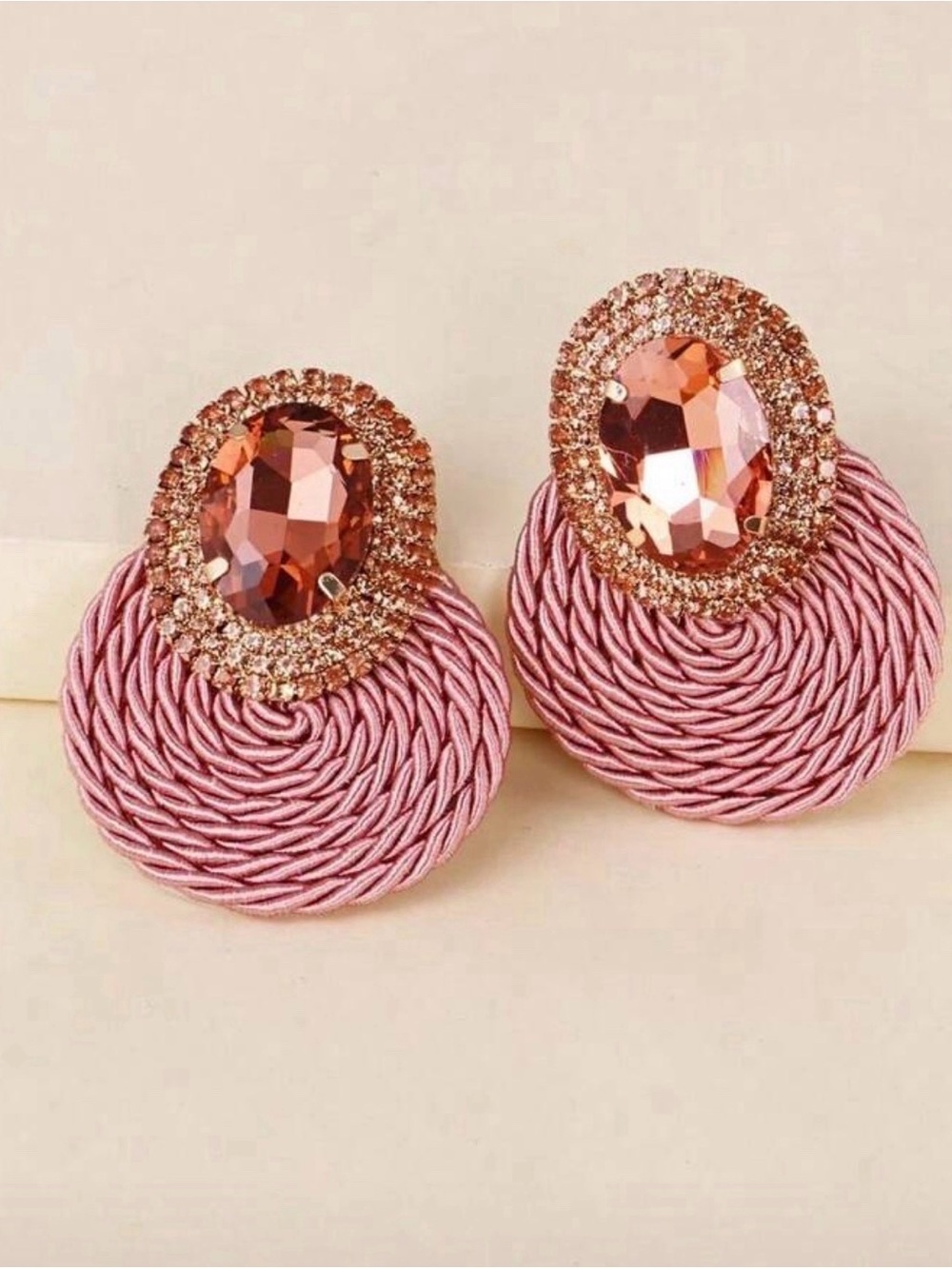 Pink Rope Drop Earrings with Rose Crystal Accent
